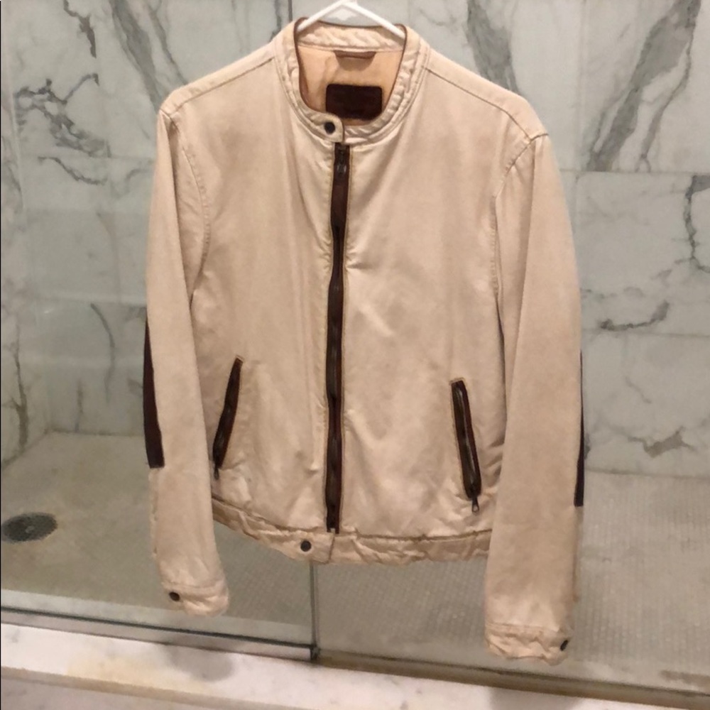 Natural canvas jacket with brown leather details